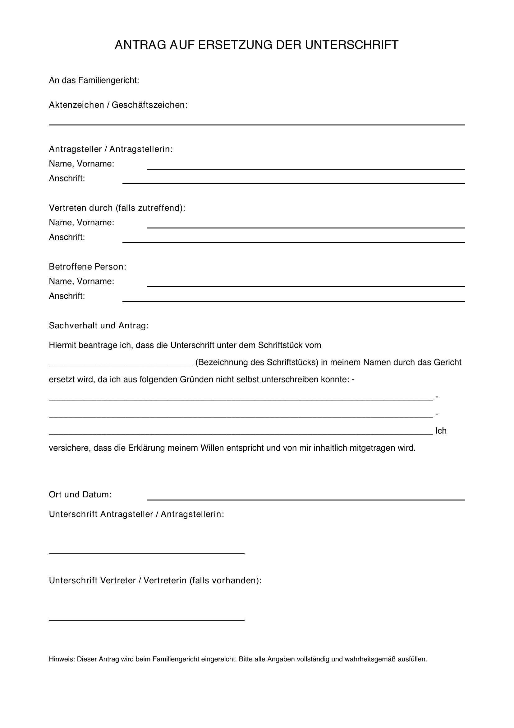 Antrag Auf Ersetzung Der Unterschrift Familiengericht Muster