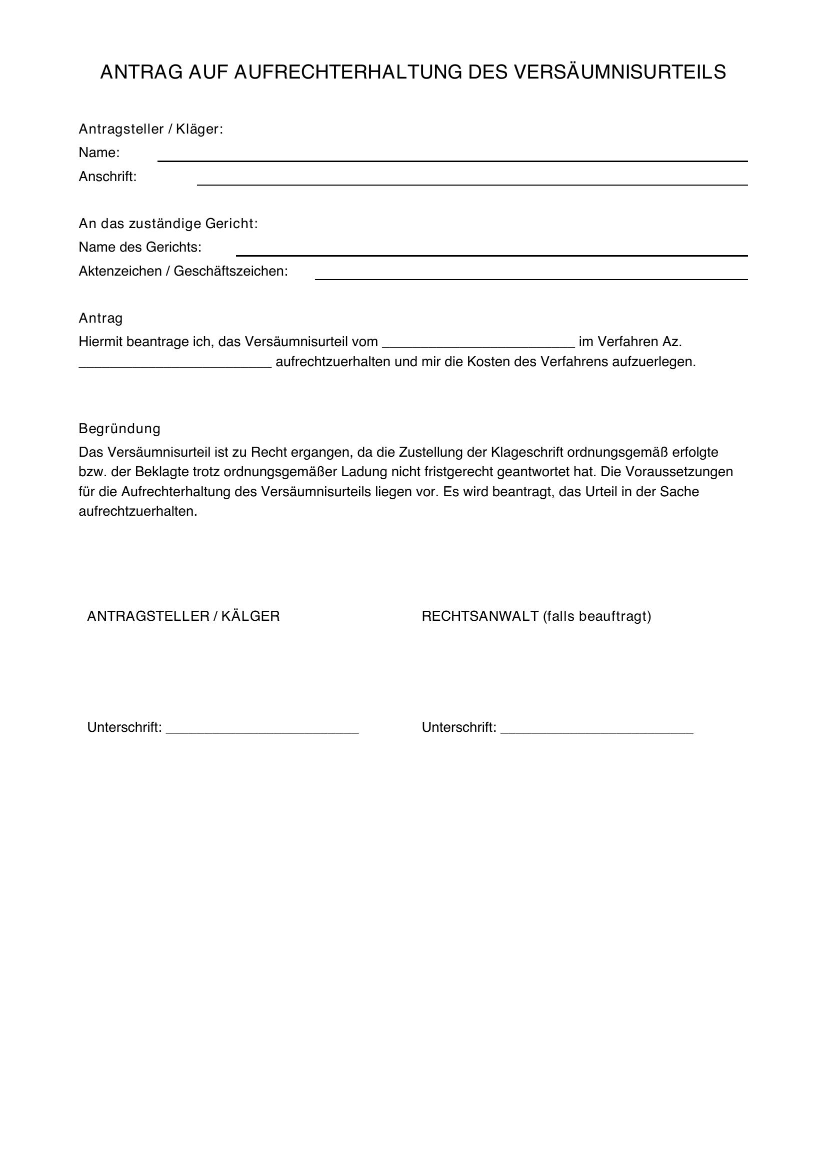 Antrag Versäumnisurteil Aufrechterhalten Muster
