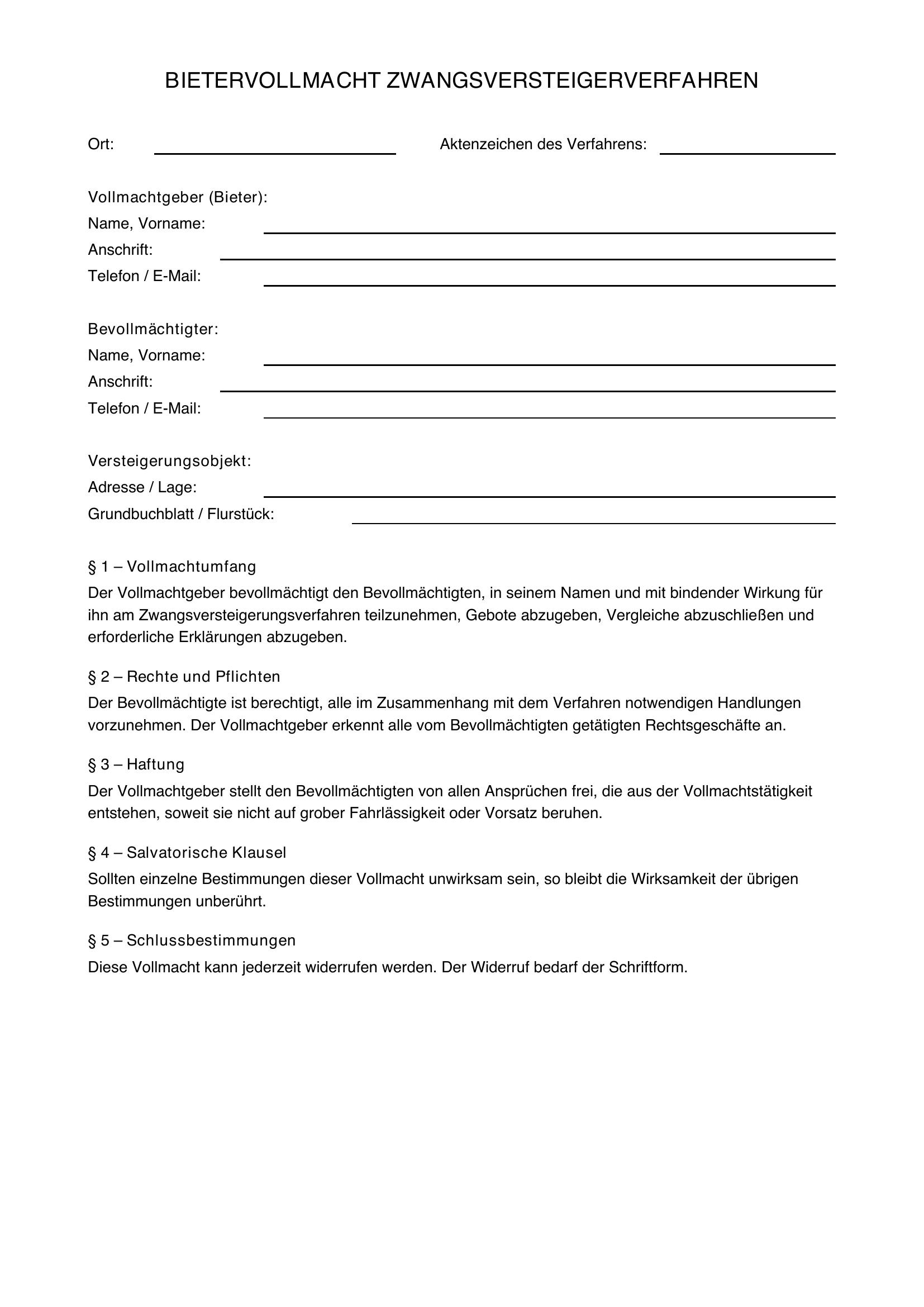 Bietervollmacht Zwangsversteigerungsverfahren Muster