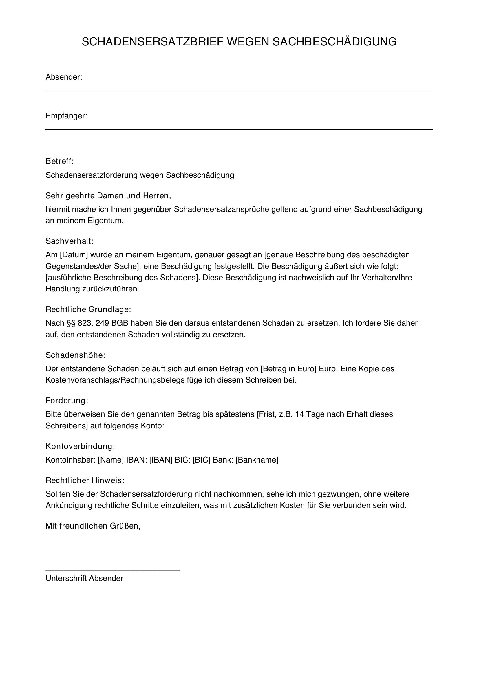 Musterbrief Schadensersatz Sachbeschädigung