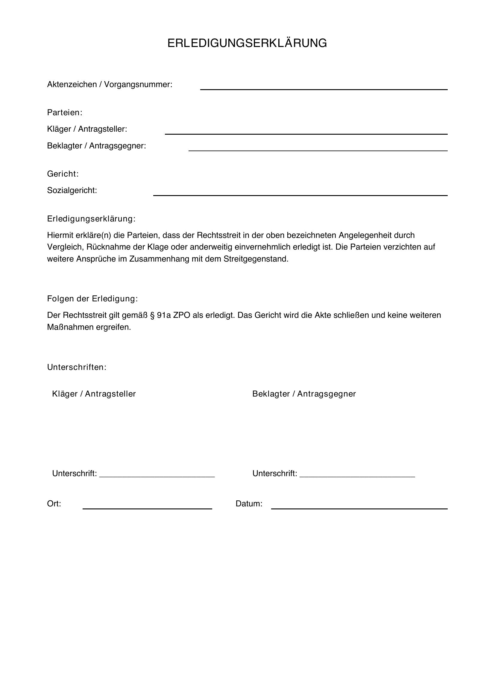Erledigungserklärung Sozialgericht Muster