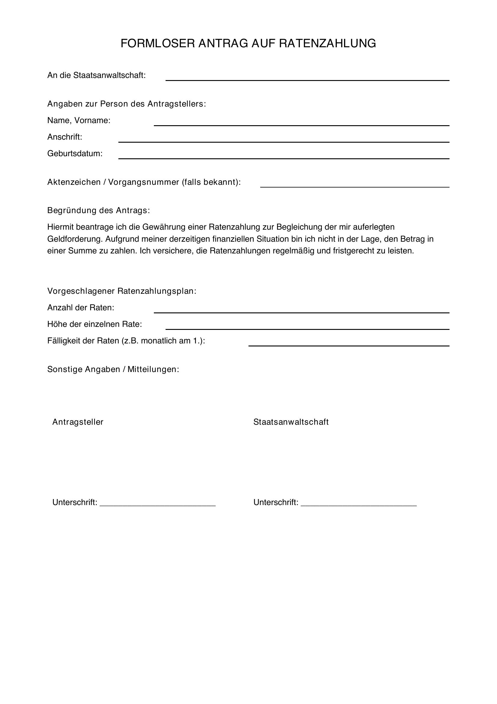 Formloser Antrag Auf Ratenzahlung Staatsanwaltschaft