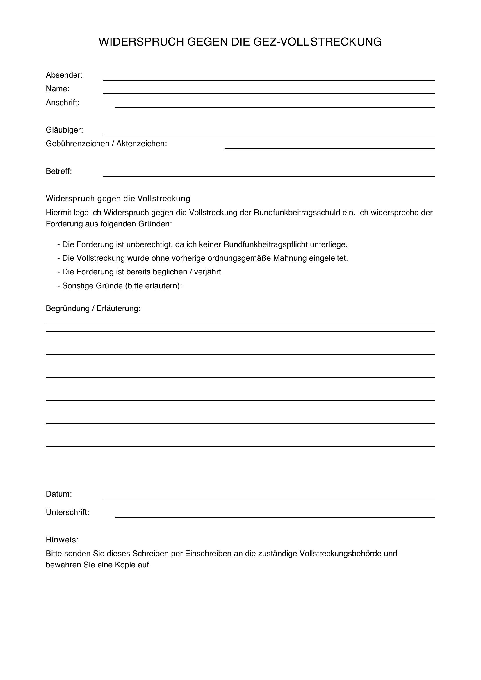 Gez Vollstreckung Widerspruch Vorlage