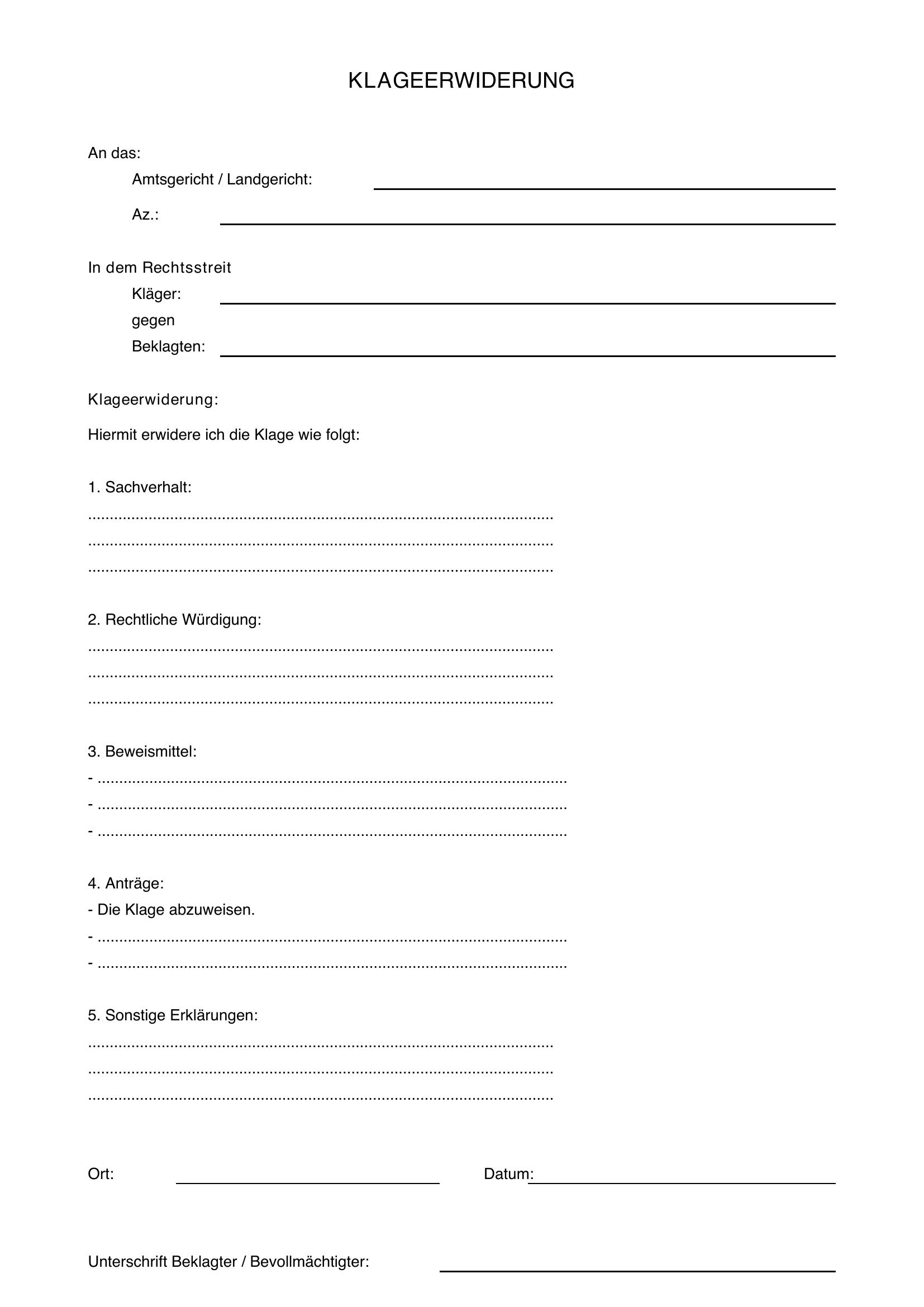 Klageerwiderung Muster