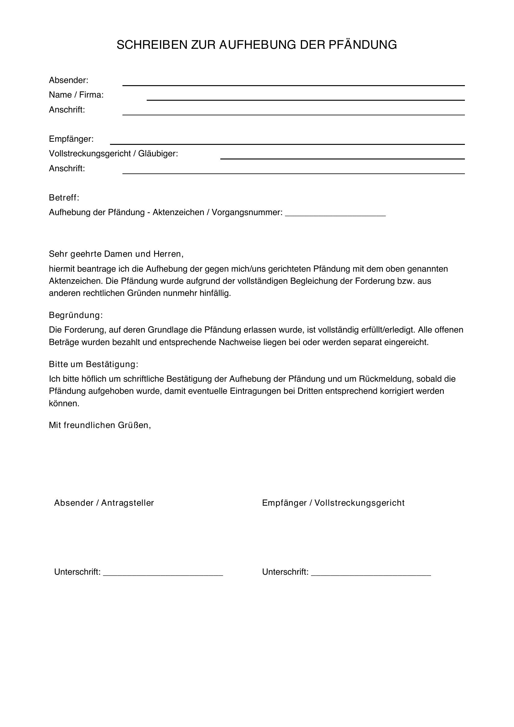 Pfändung Aufheben Schreiben Muster