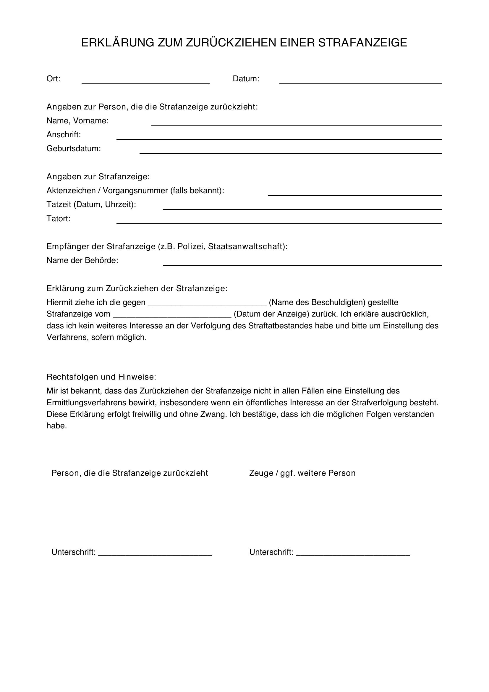 Strafanzeige Zurückziehen Vorlage