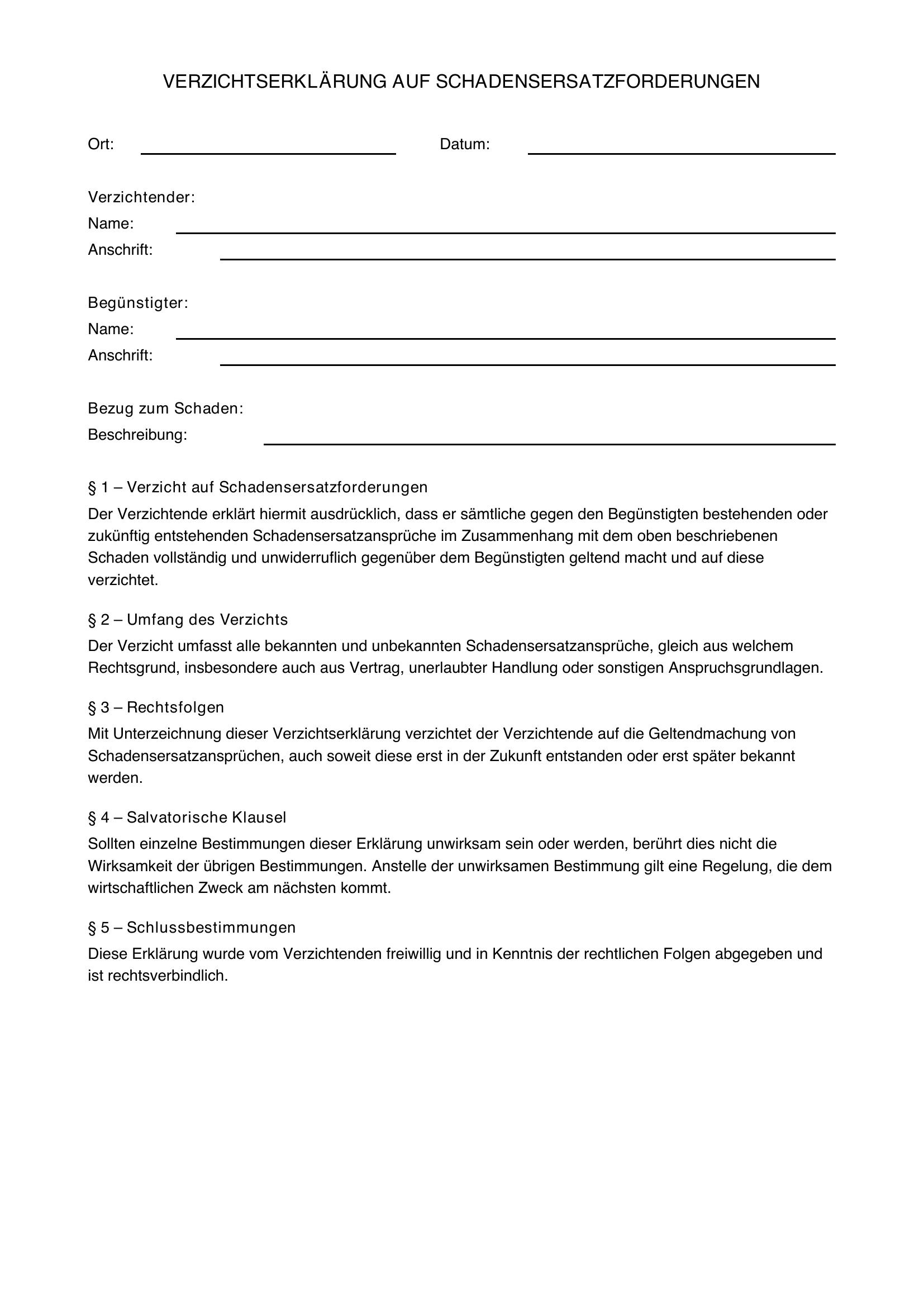 Verzichtserklärung Schadensersatz Vorlage