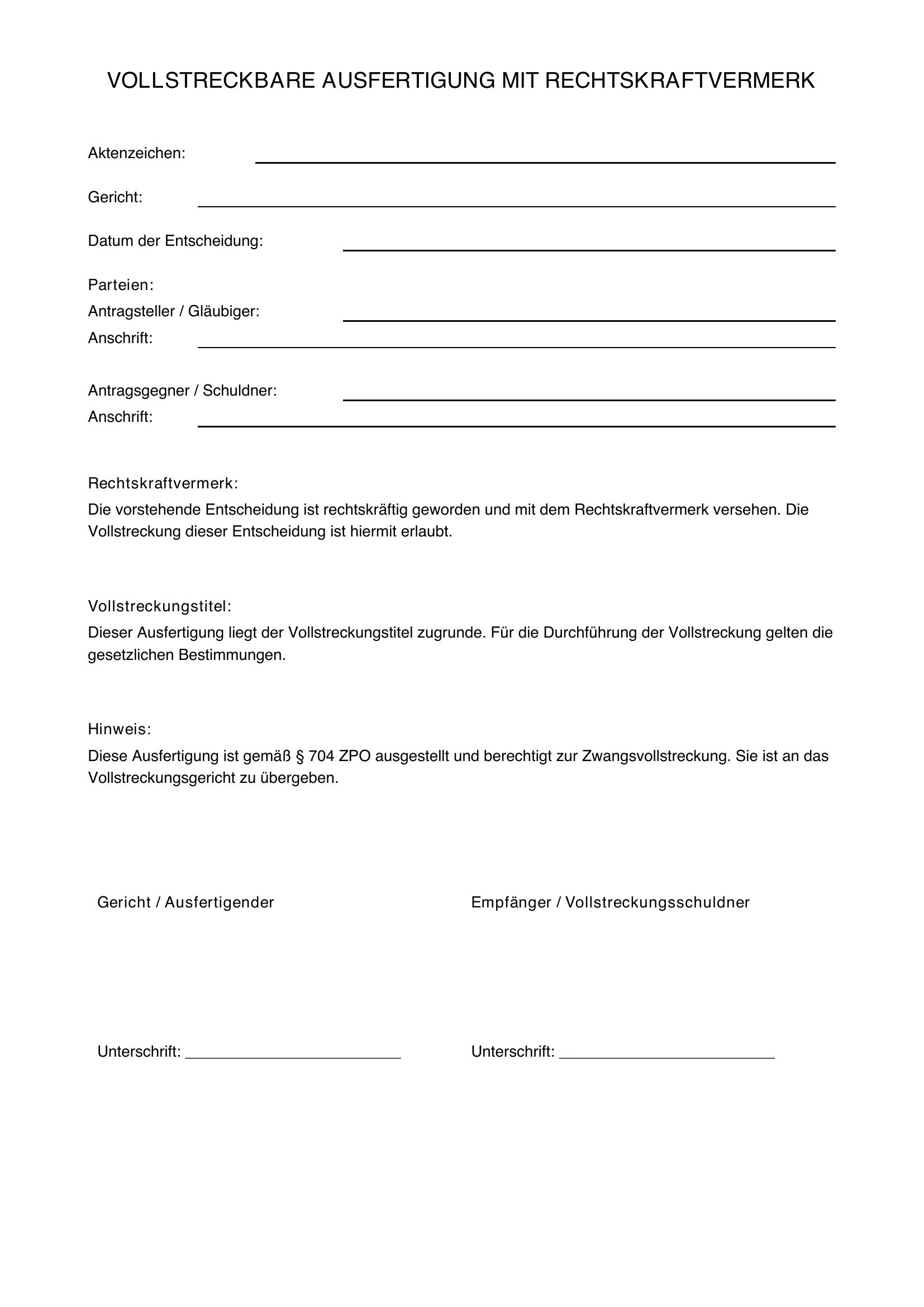 Vollstreckbare Ausfertigung Mit Rechtskraftvermerk Beantragen Muster